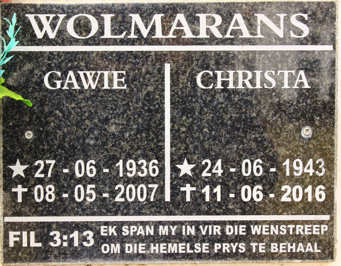 WOLMARANS Gawie 1936-2007 &amp; Christa 1943-2016