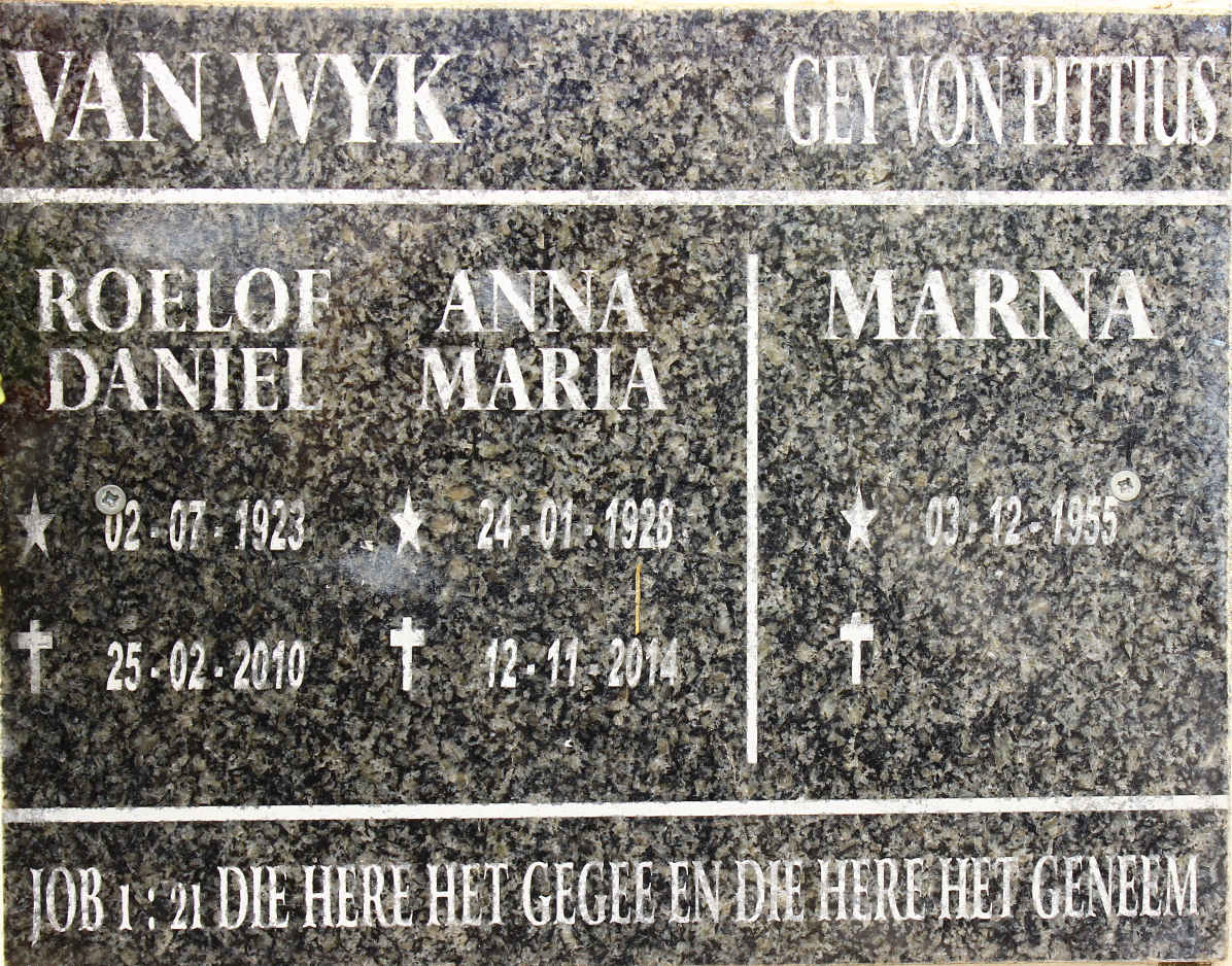 WYK Roelof Daniel, van 1923-2010 &amp; Anna Maria 1928-2014 :: GEY VON PITTIUS Marna 1955-