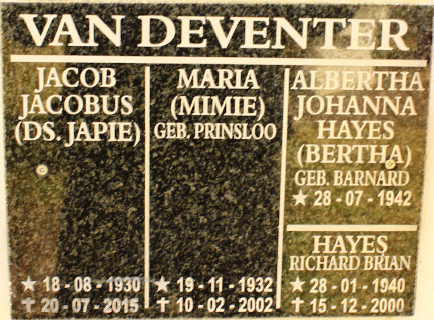 DEVENTER Jacob Jacobus, van 1930-2015 &amp; Maria PRINSLOO 1932-2002