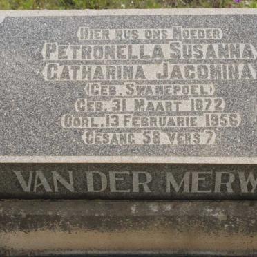 MERWE Petronella Susanna Catharina Jacomina, van der nee SWANEPOEL 1872-1956 