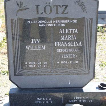LÖTZ Jan Willem 1930-2004 &amp; Aletta Maria Franscina VENTER nee HOUGH 1936-