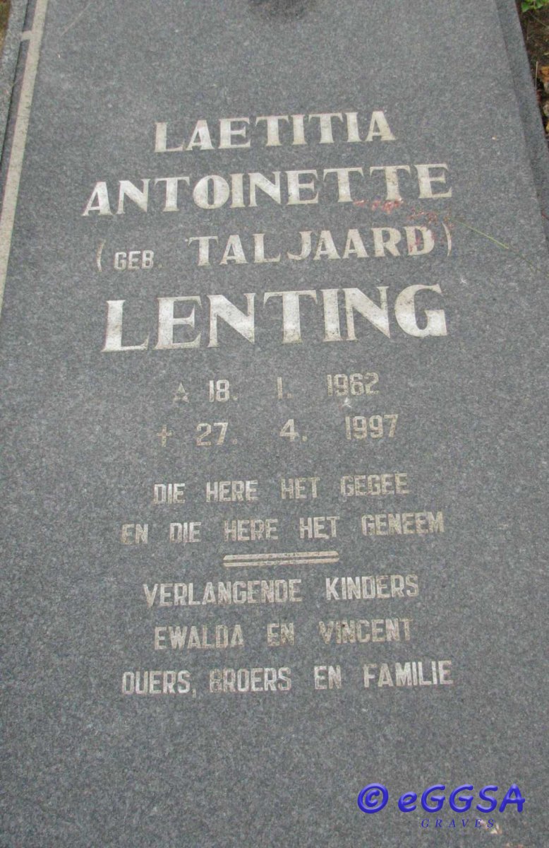 LENTING Laetitia Antoinette nee TALJAARD 1962-1997