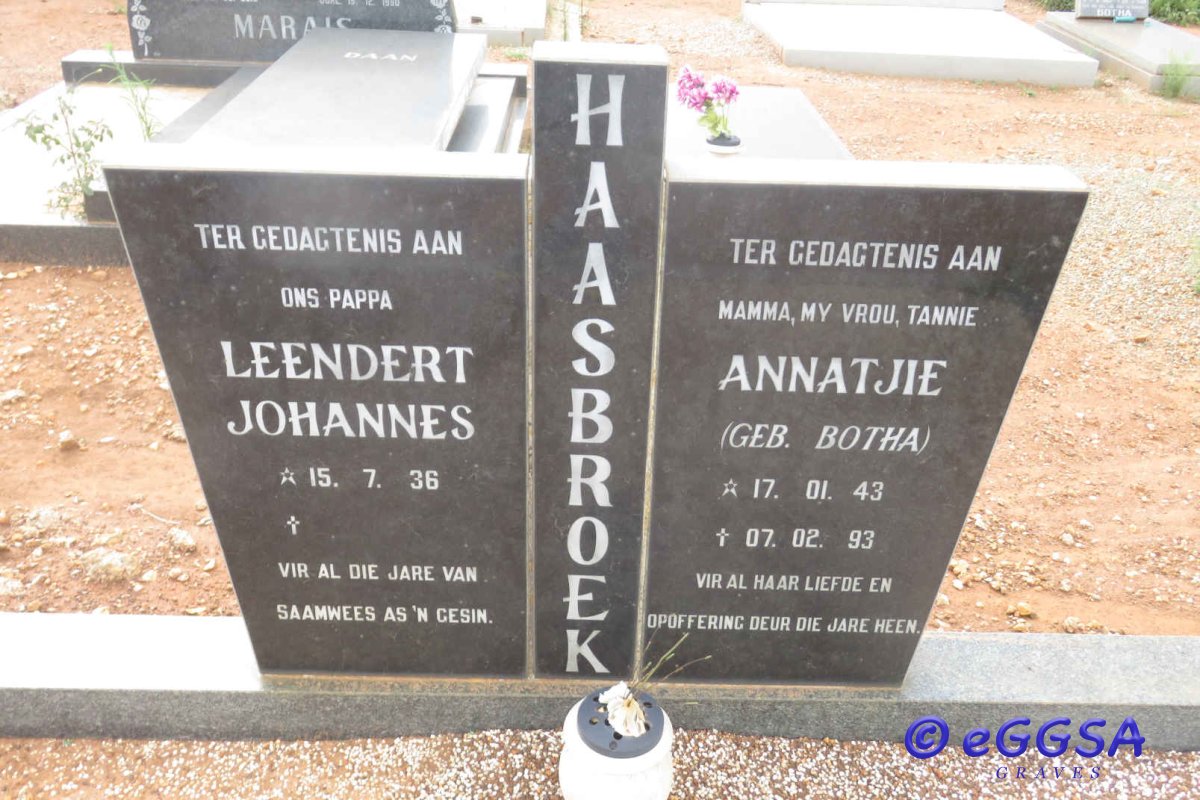 HAASBROEK Leendert Johannes 1936- &amp; Annatjie BOTHA 1943-1993