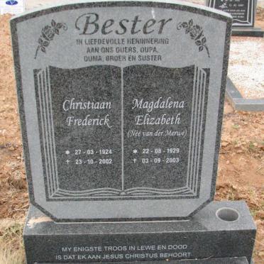 BESTER Christiaan Frederick 1924-2002 &amp; Magdalena Elizabeth VAN DER MERWE 1929-2003