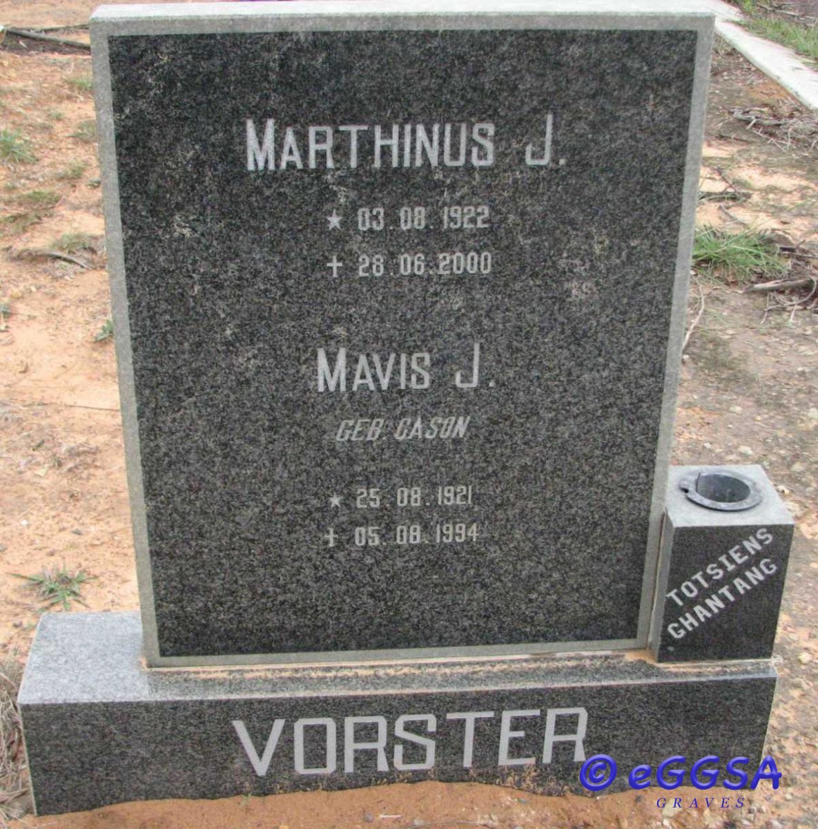 VORSTER Marthinus J. 1922-2000 &amp; Mavis J. CASON 1921-1994