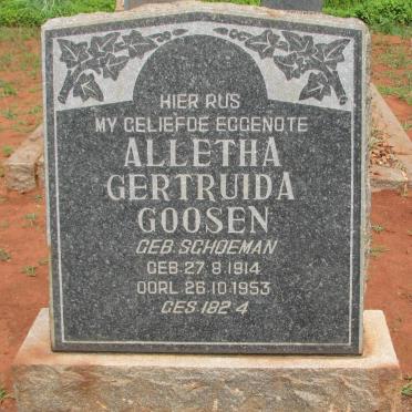 GOOSEN Alletha Gertruida nee SCHOEMAN 1914-1953