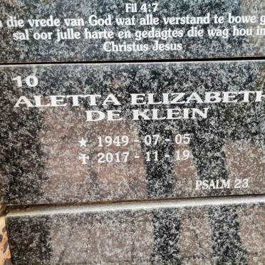 KLEIN Aletta Elizabeth, de 1949-2017