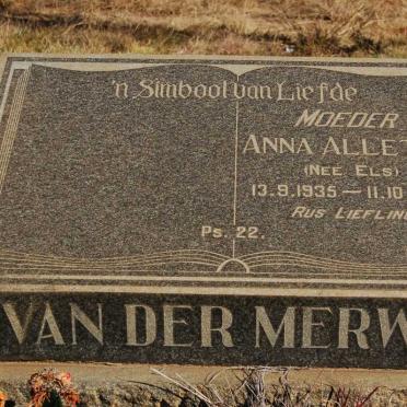 MERWE Anna Aletta, van der nee ELS 1935-1960