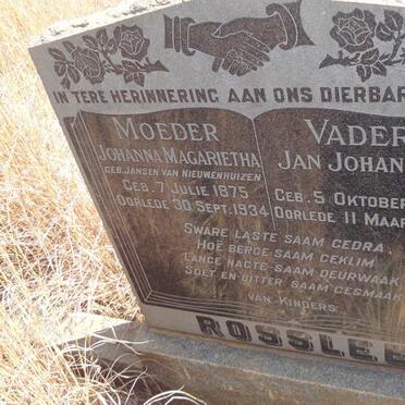 ROSSLEE Jan Johannes 1865-1953 &amp; Johanna Magarietha JANSEN VAN NIEUWENHUIZEN 1875-1934