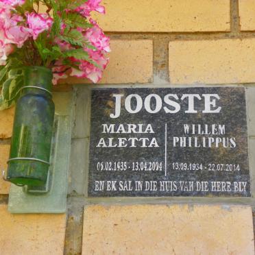 JOOSTE Willem Philippus 1934-2014 &amp; Maria Aletta 1935-2004