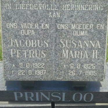 PRINSLOO Jacobus Petrus 1922-1987 &amp; Susanna Maria H. 1925-1985