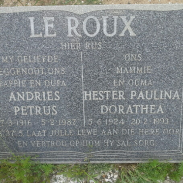 ROUX Andries Petrus, le 1916-1987 &amp; Hester Paulina Dorathea 1924-1993