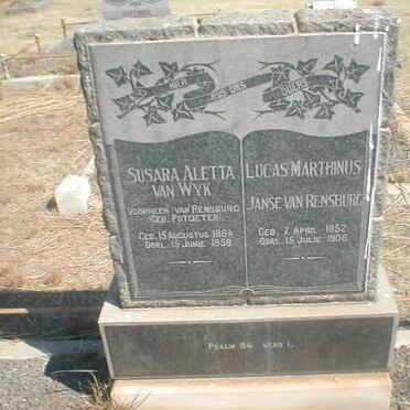RENSBURG Lucas Marthinus, Janse van 1852-1906 &amp; Susara Aletta VAN WYK formerly VAN RENSBURG, nee POTGIETER 1864-1958