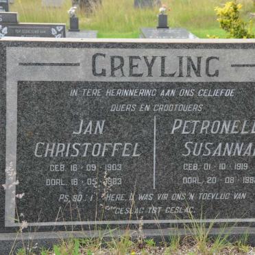 GREYLING Jan Christoffel 1903-1983 &amp; Petronella Susannah 1919-1982