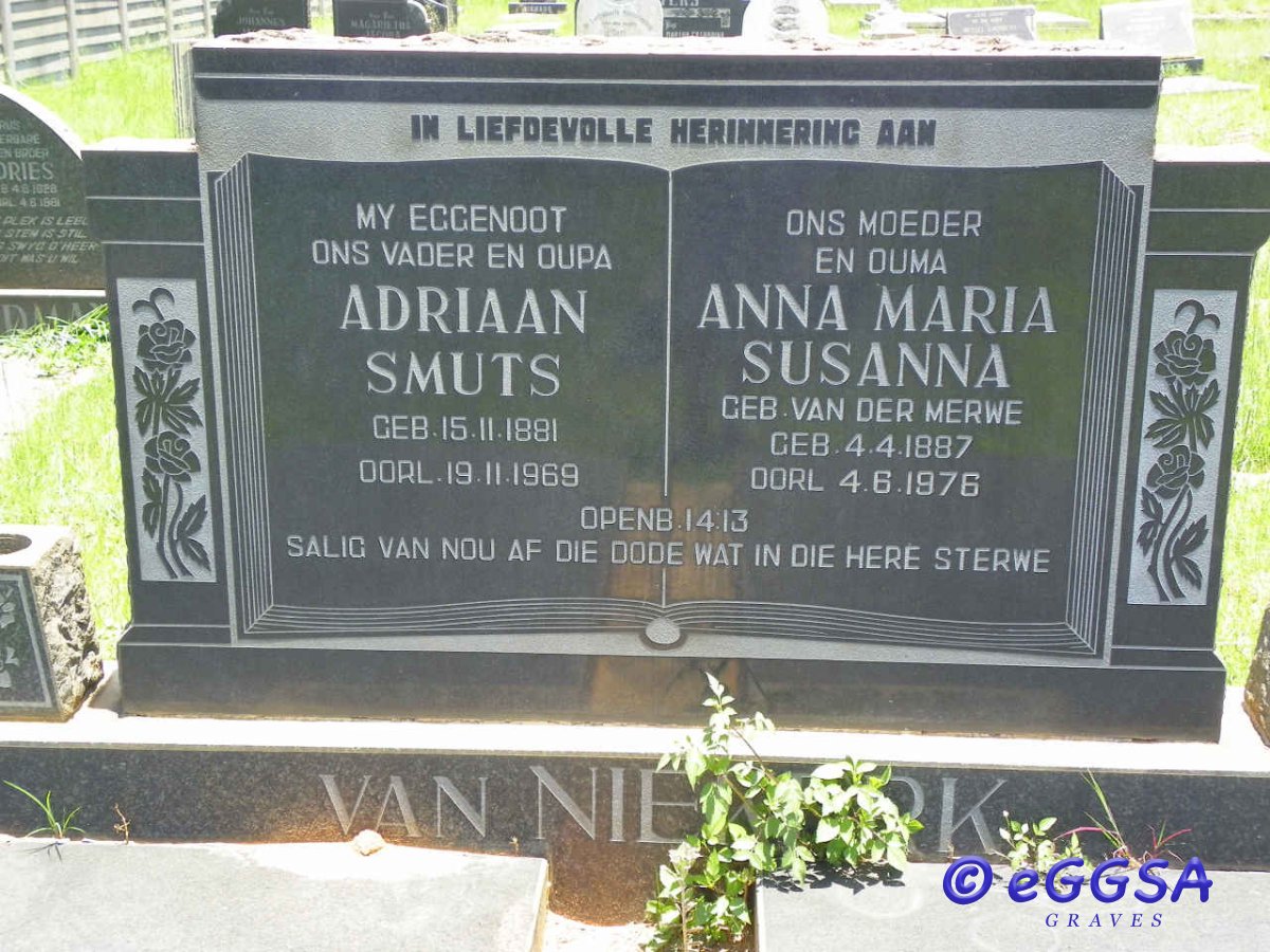 NIEKERK Adriaan Smuts, van 1881-1969 &amp; Anna Maria Susanna VAN DER MERWE 1887-1976