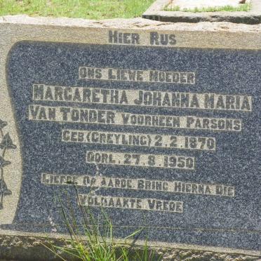 TONDER Margaretha Johanna Maria, van voorheen PARSONS nee GREYLING 1870-1950