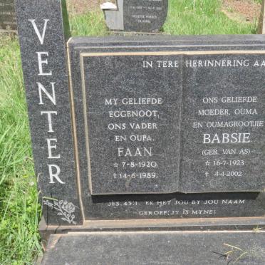 VENTER Faan 1920-1989 &amp; Babsie VAN AS 1923-2002