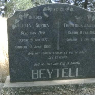 BEYTELL Frederick Jardine 1867-1939 &amp; Aletta Sophia VAN DYK 1877-1950