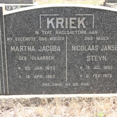 KRIEK Nicolaas Jansen Steyn 1885-1975 &amp; Martha Jacoba CLAASSEN 1895-1963