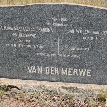 MERWE Jan Willem, van der 1872-1952 &amp; Anna Maria Margaretha Fransina FICK 1877-1950