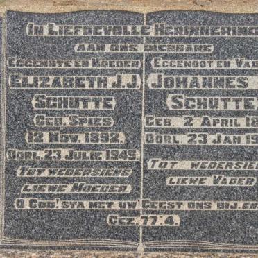SCHUTTE Johannes J. 1892-1968 &amp; Elizabeth J.J. SPIES 1892-1945