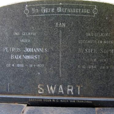 SWART Petrus Johannes Badenhorst 1888-1977 &amp; Hester Sophia FICK 1894-1961