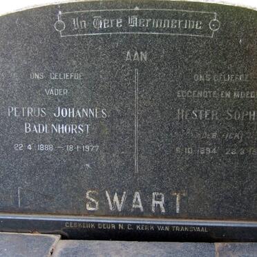 SWART Petrus Johannes Badenhorst 1888-1977 &amp; Hester Sophia FICK 1894-1961