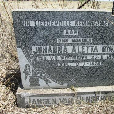RENSBURG Johanna Aletta Dina, Jansen van nee V.D. WESTHUIZEN 1884-1975
