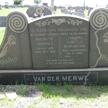 MERWE Mattheus Johannes, van der 1893-1958 &amp; Johanna Isabella Margaretha nee J. VAN RENSBURG 1892-