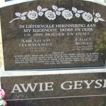 GEYSER Abraham Hermanus 1921-1998 &amp; Emily Agnes 1921-2008
