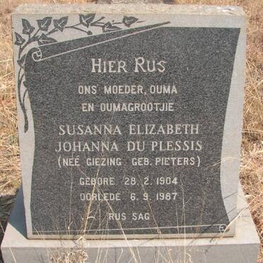 PLESSIS Susanna Elizabeth Johanna, du voorheen GIEZING nee PIETERS  1904-1987