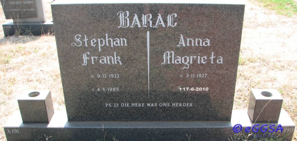 BARAC Stephan Frank 1922-1985 &amp; Anna Magrieta 1927-2010