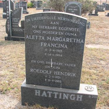 HATTINGH Roedolf Hendrik 1921-2003 &amp; Aletta Margaretha Francina 1915-1994