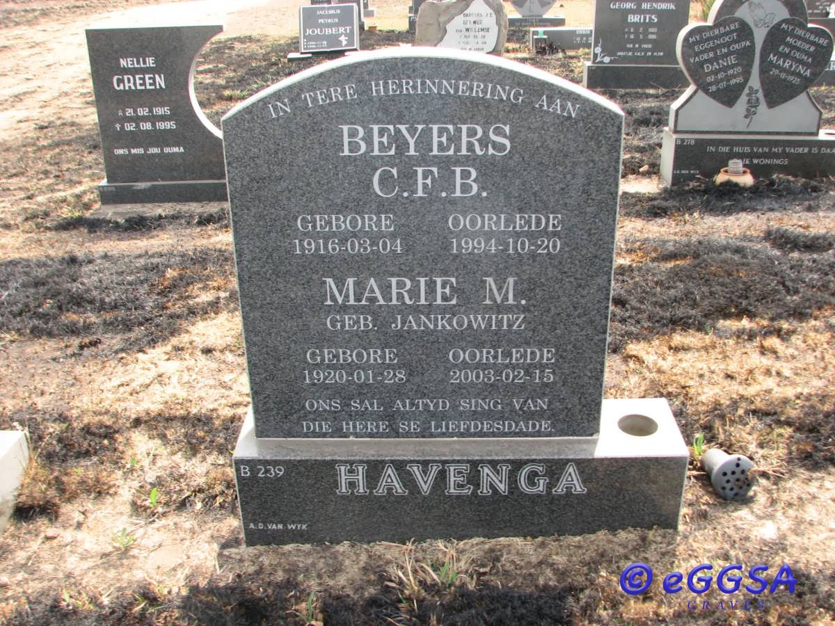 HAVENGA Beyers C.F.B. 1916-1994 &amp; Marie M. JANKOWITZ 1920-2003