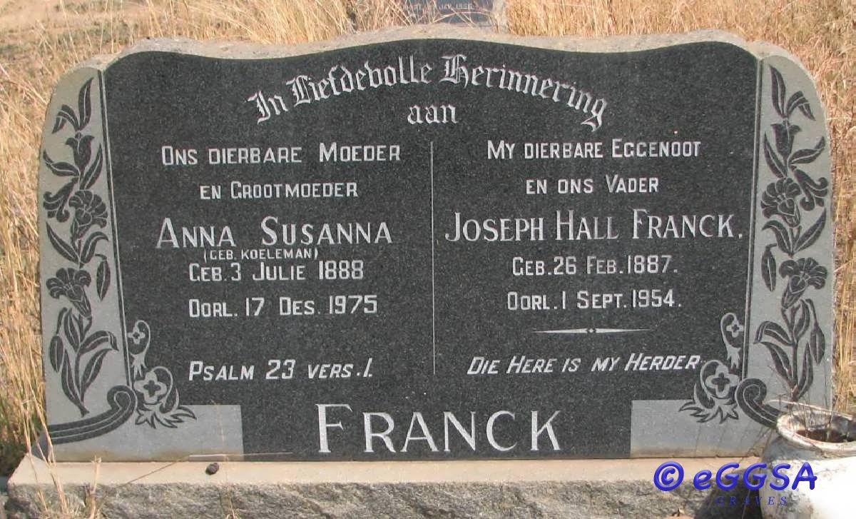 FRANCK Joseph Hall 1887-1954 &amp; Anna Susanna KOELEMAN 1888-1975