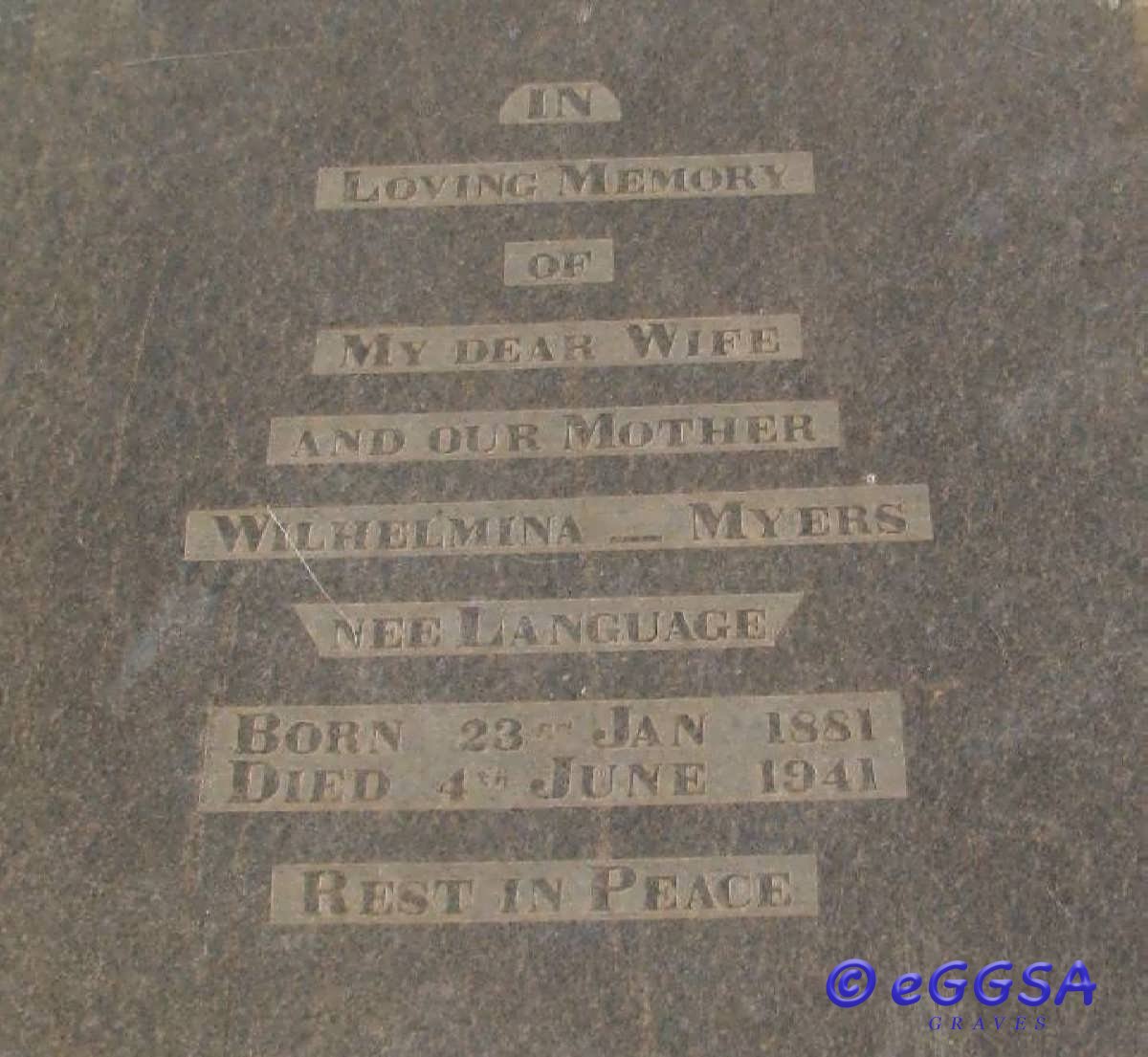 MYERS Wilhelmina nee LANGUAGE 1881-1941