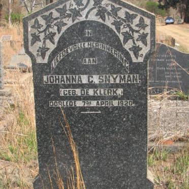 SNYMAN Johanna C. nee DE KLERK -1920