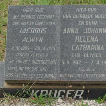 KRUGER Jacobus Alwyn 1899-1975 &amp; Anna Johanna Helena Catharina OLIVIER 1912-1980