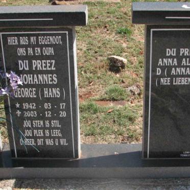 PREEZ Johannes George, du 1942-2003 &amp; Anna Aletha LIEBENBERG