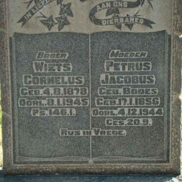 BRITS Petrus Jacobus nee BODES 1856-1944 :: BRITS Wiets Cornelus 1878-1945
