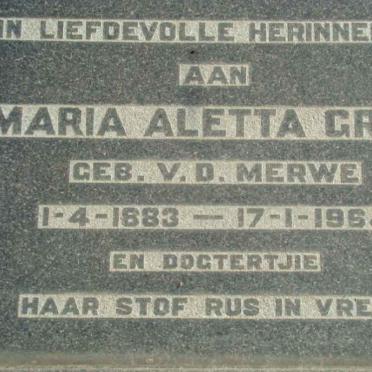 GREY Maria Aletta nee VAN DER MERWE 1883-1964