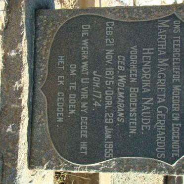 NAUDE Martha Magrieta Gerhardus Hendrika formerly BODENSTEIN nee WOLMARANS 1875-1955