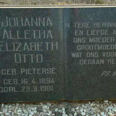 OTTO Johanna Alletha Elizabeth nee PIETERSE 1894-1981