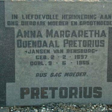 PRETORIUS Anna Margaretha Odendaal nee JANSEN VAN RENSBURG 1897-1965