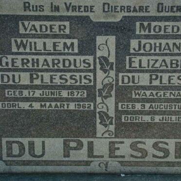 PLESSIS Willem Gerhardus, du 1872-1962 &amp; Johanna Elizabeth WAAGENAAR 1870-1956
