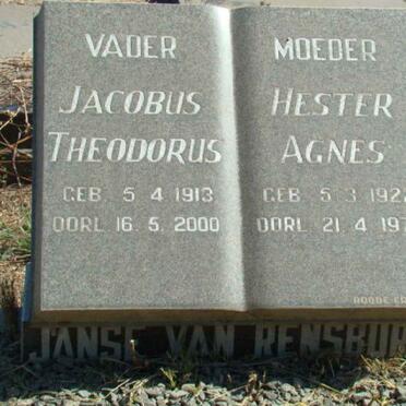 RENSBURG Jacobus Theodorus, Janse van 1913-2000 &amp; Hester Agnes 1922-1978