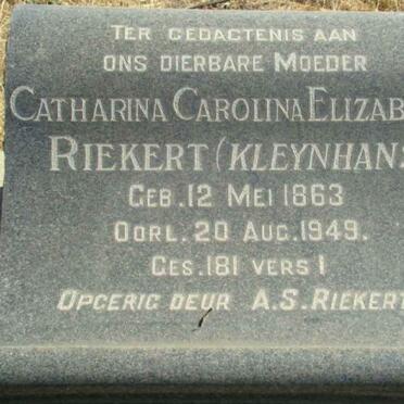 RIEKERT Catharina Carolina Elizabeth nee KLEYNHANS 1863-1949