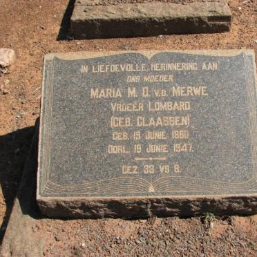MERWE Maria M.D., v.d. formerly LOMBARD nee CLAASSEN 1860-1947