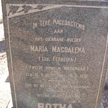 WAGENAAR Maria Magdalena formerly BOTHA nee FERREIRA 1871-1942