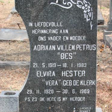 BESTER Adriaan Willem Petrus 1919-1983 &amp; Elvira Hester DE KLERK 1920-1969